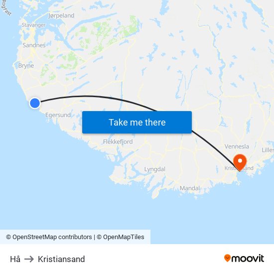 Hå to Kristiansand map