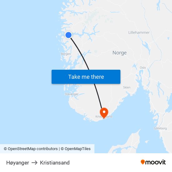 Høyanger to Kristiansand map