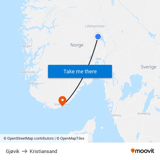 Gjøvik to Kristiansand map