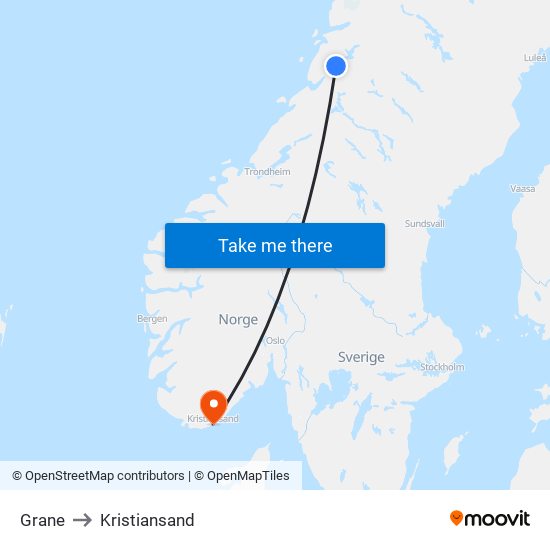 Grane to Kristiansand map