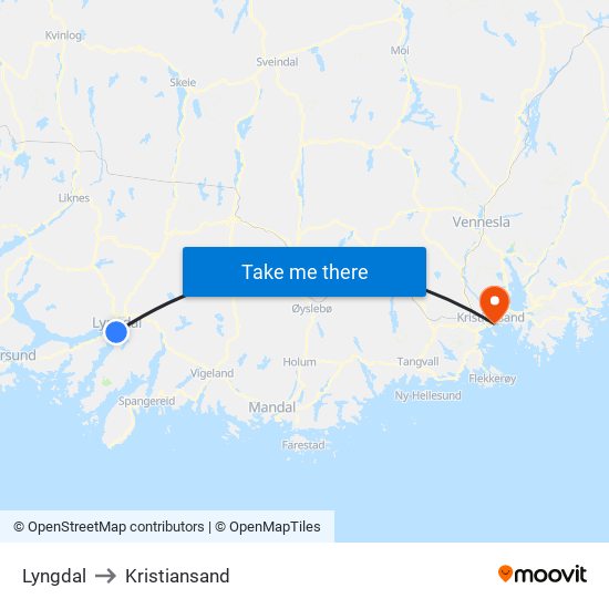 Lyngdal to Kristiansand map