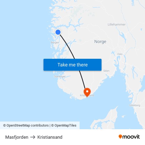 Masfjorden to Kristiansand map