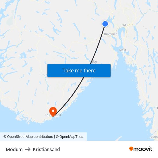 Modum to Kristiansand map