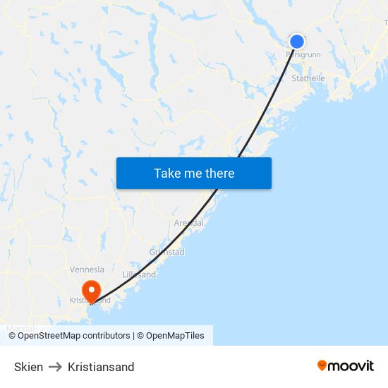 Skien to Kristiansand map