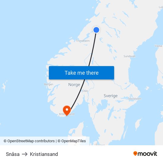 Snåsa to Kristiansand map