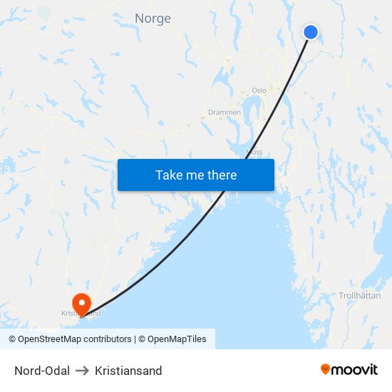 Nord-Odal to Kristiansand map