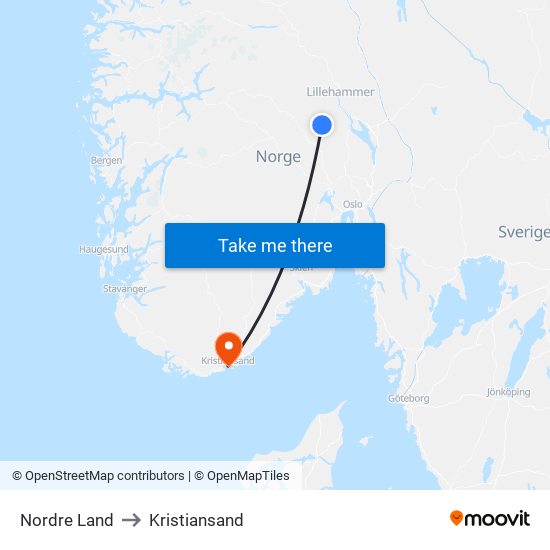 Nordre Land to Kristiansand map