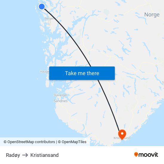 Radøy to Kristiansand map