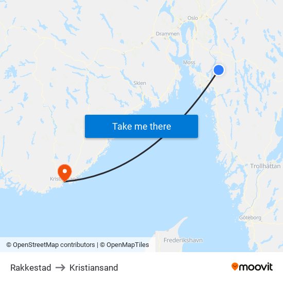 Rakkestad to Kristiansand map