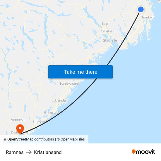 Ramnes to Kristiansand map