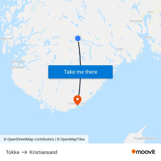 Tokke to Kristiansand map