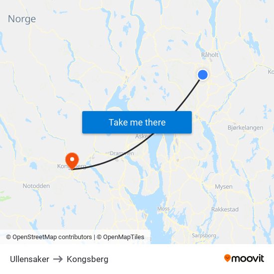 Ullensaker to Kongsberg map