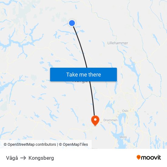 Vågå to Kongsberg map