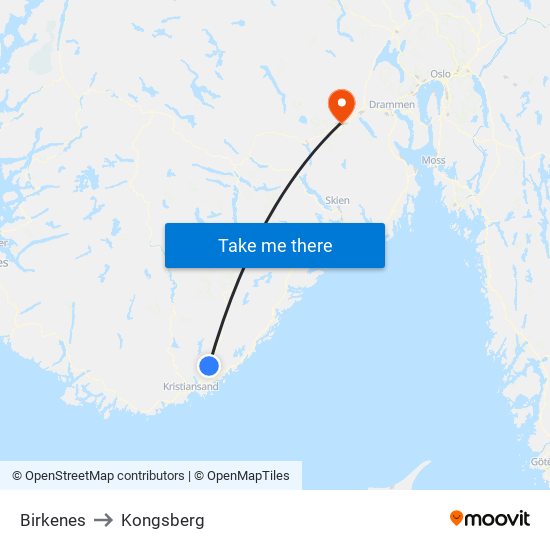 Birkenes to Kongsberg map
