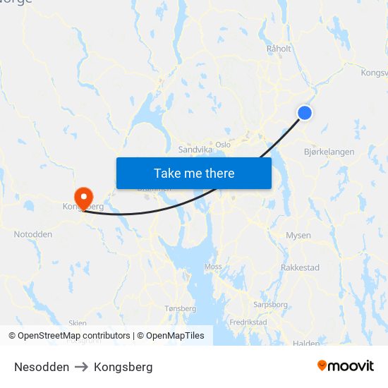 Nesodden to Kongsberg map