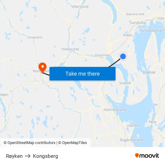 Røyken to Kongsberg map