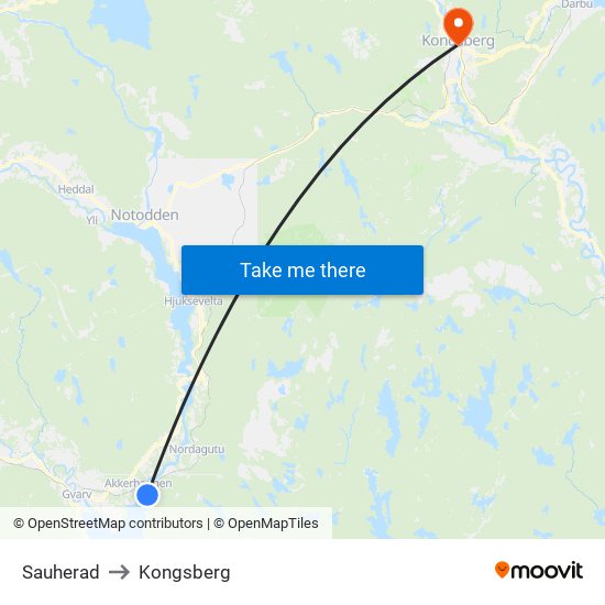 Sauherad to Kongsberg map