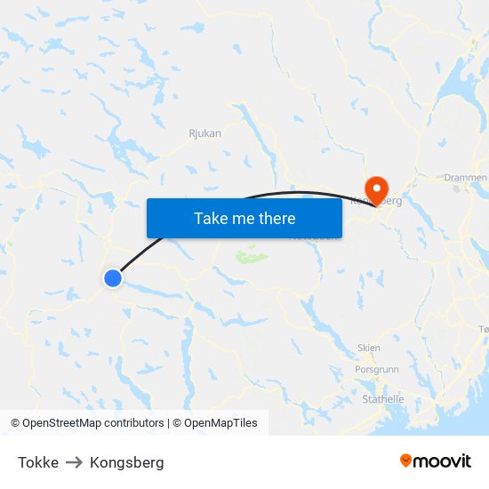 Tokke to Kongsberg map