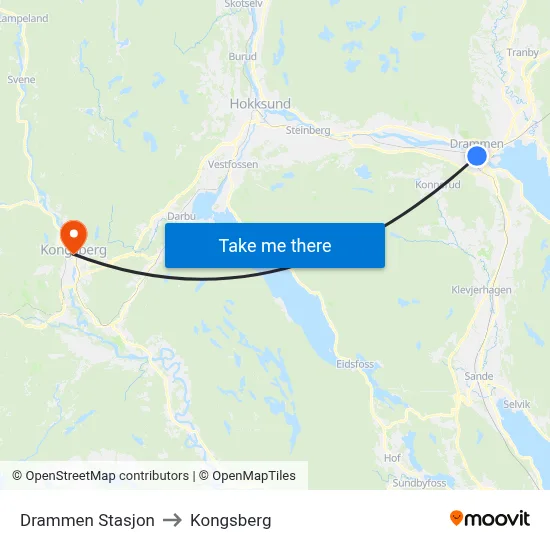 Drammen Stasjon to Kongsberg map