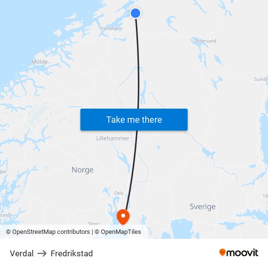 Verdal to Fredrikstad map
