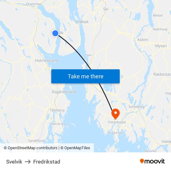 Svelvik to Fredrikstad map