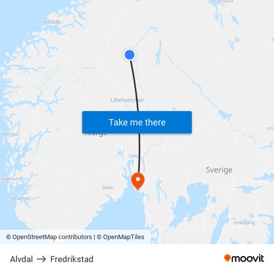 Alvdal to Fredrikstad map