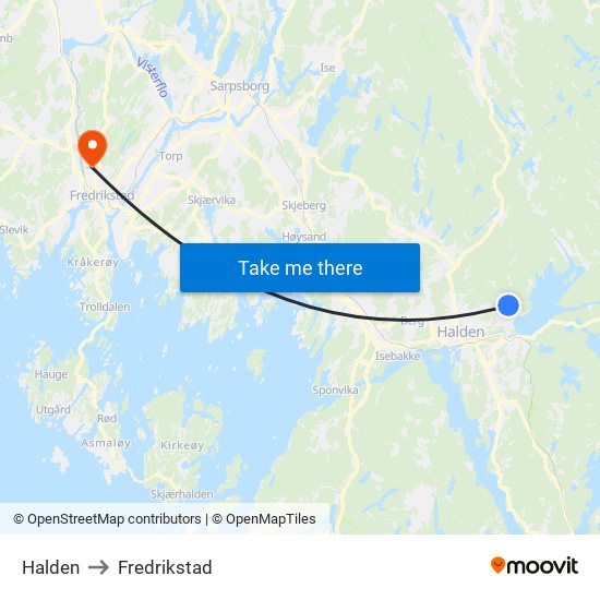 Halden to Fredrikstad map