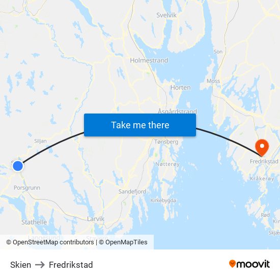 Skien to Fredrikstad map