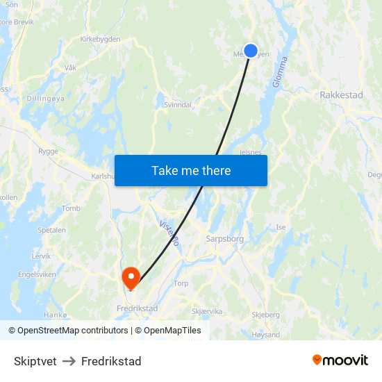 Skiptvet to Fredrikstad map