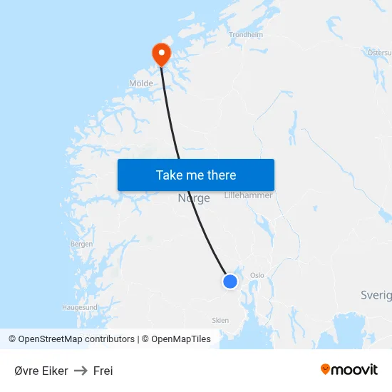 Øvre Eiker to Frei map