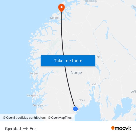 Gjerstad to Frei map