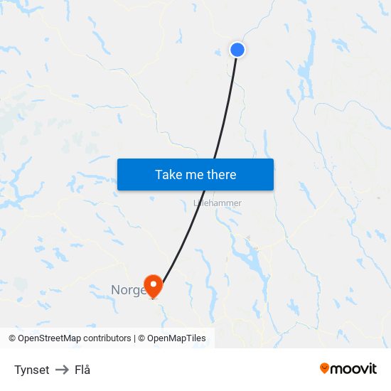 Tynset to Flå map