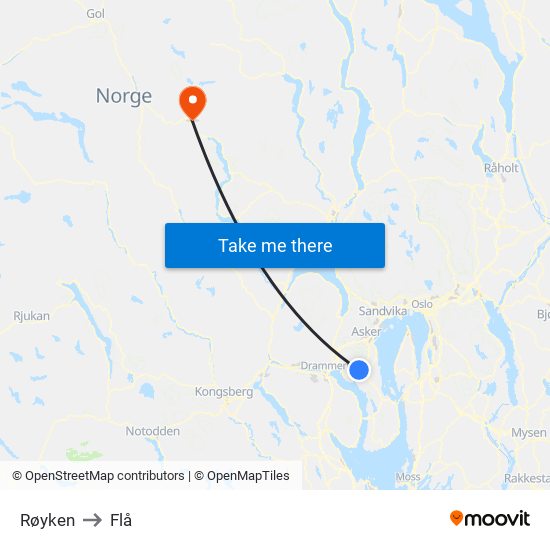 Røyken to Flå map