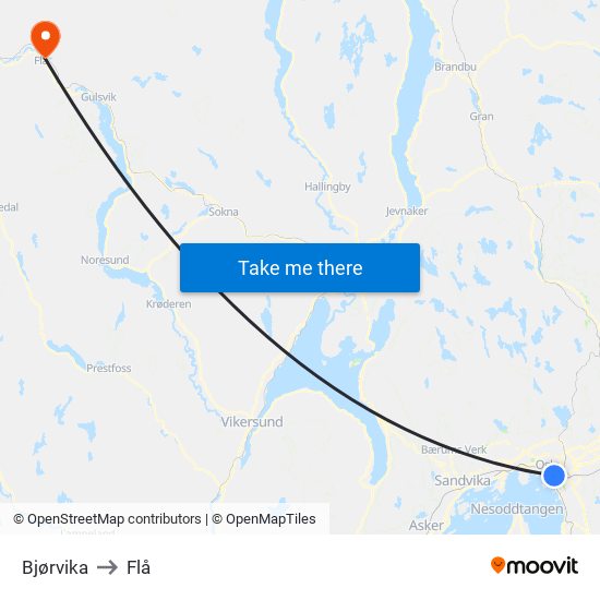 Bjørvika to Flå map