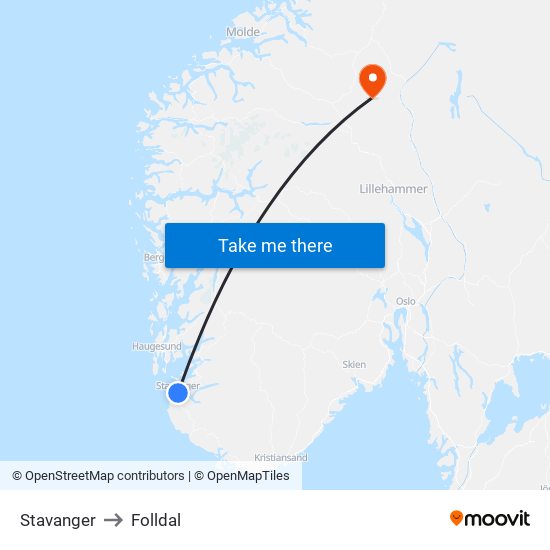 Stavanger to Folldal map