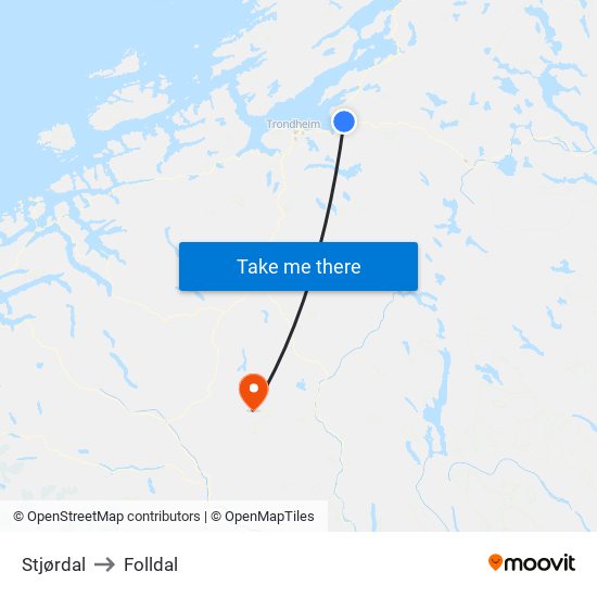 Stjørdal to Folldal map