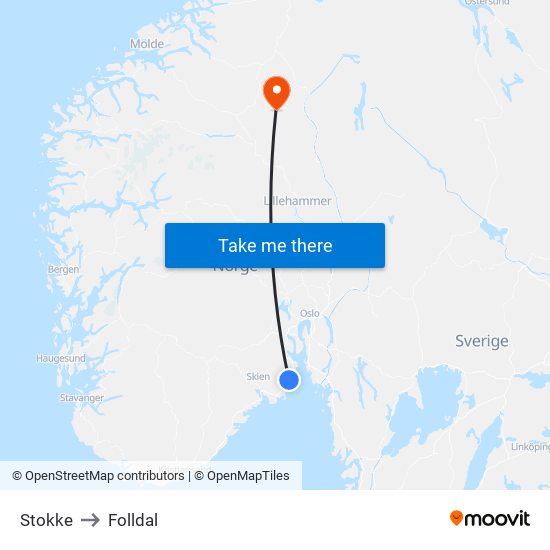 Stokke to Folldal map