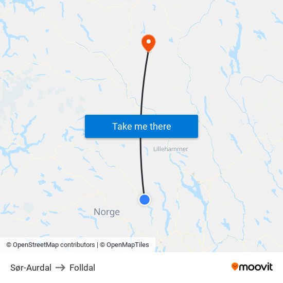 Sør-Aurdal to Folldal map