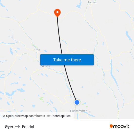 Øyer to Folldal map