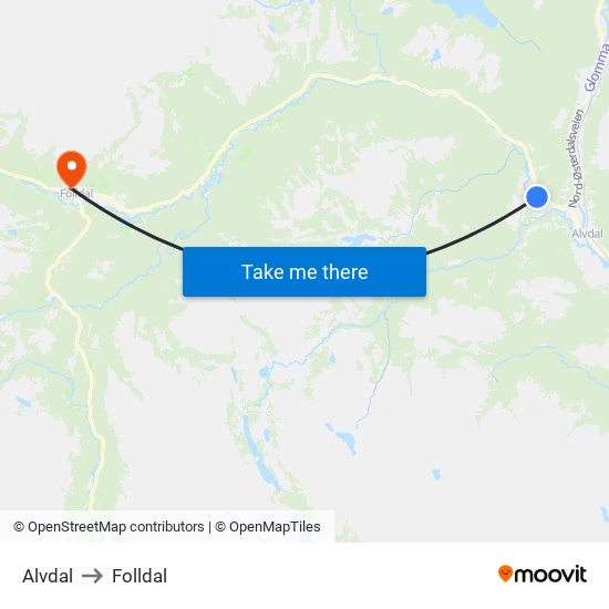 Alvdal to Folldal map