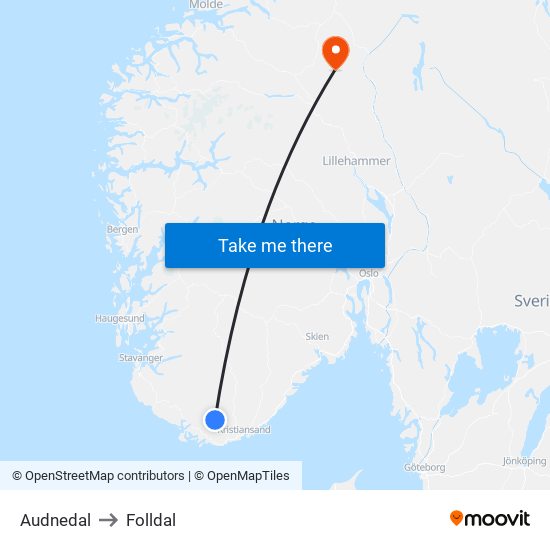 Audnedal to Folldal map