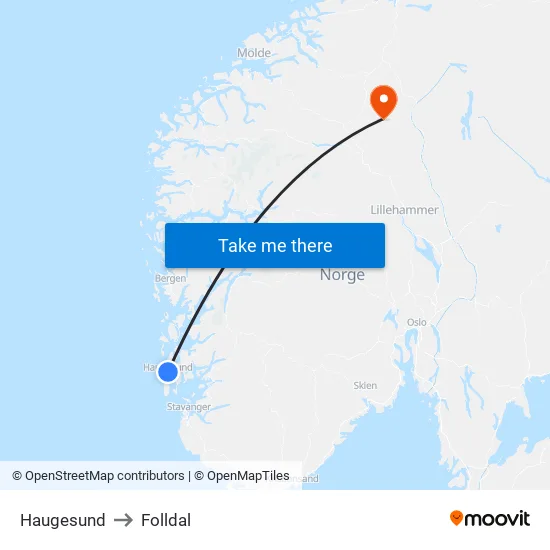Haugesund to Folldal map