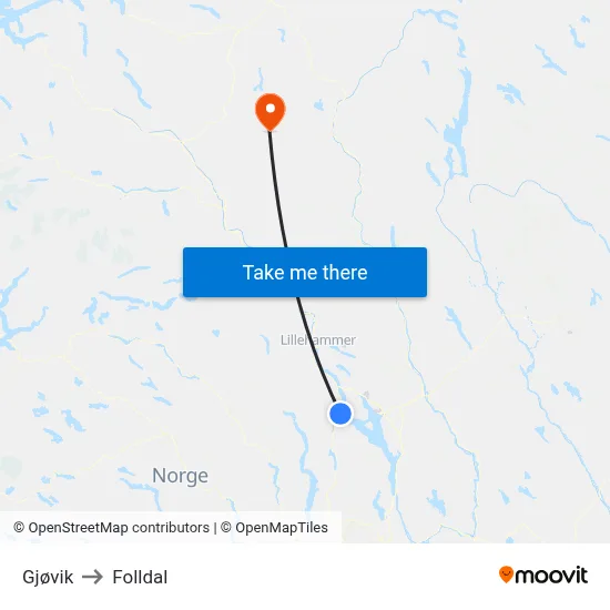 Gjøvik to Folldal map