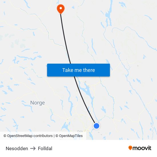 Nesodden to Folldal map