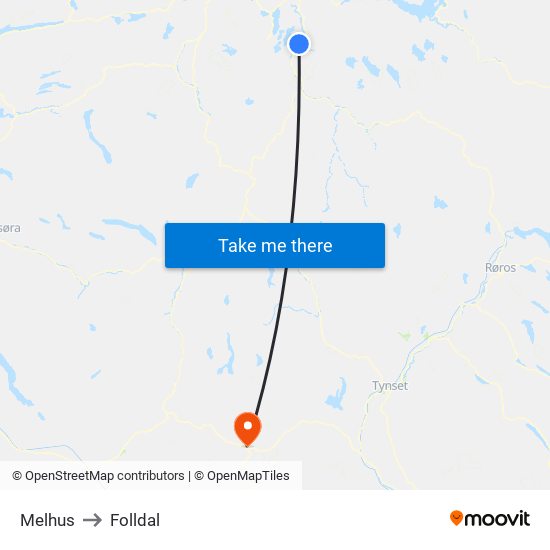 Melhus to Folldal map