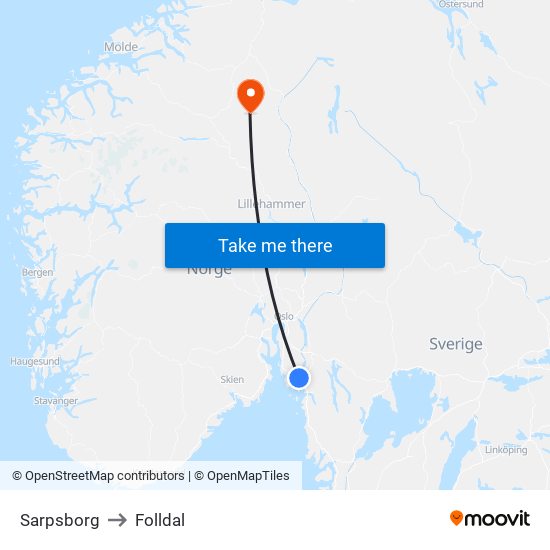 Sarpsborg to Folldal map