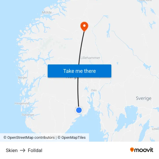 Skien to Folldal map