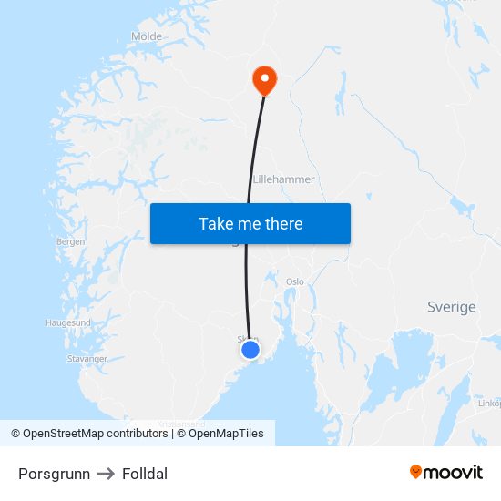 Porsgrunn to Folldal map