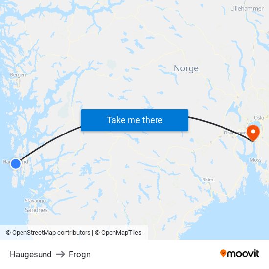 Haugesund to Frogn map