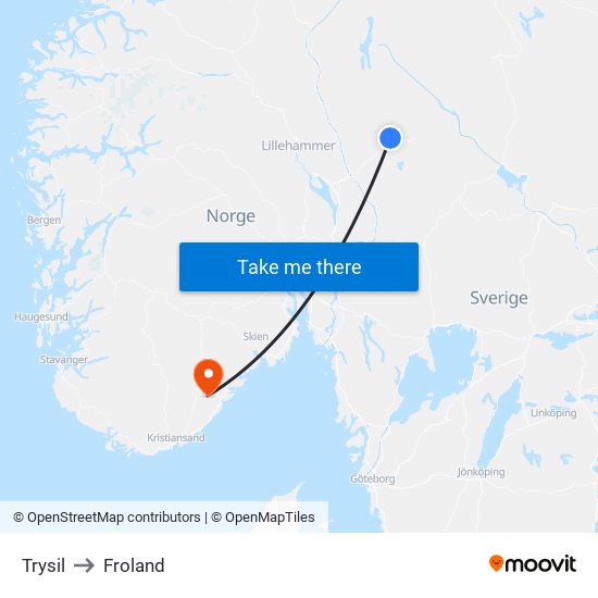 Trysil to Froland map